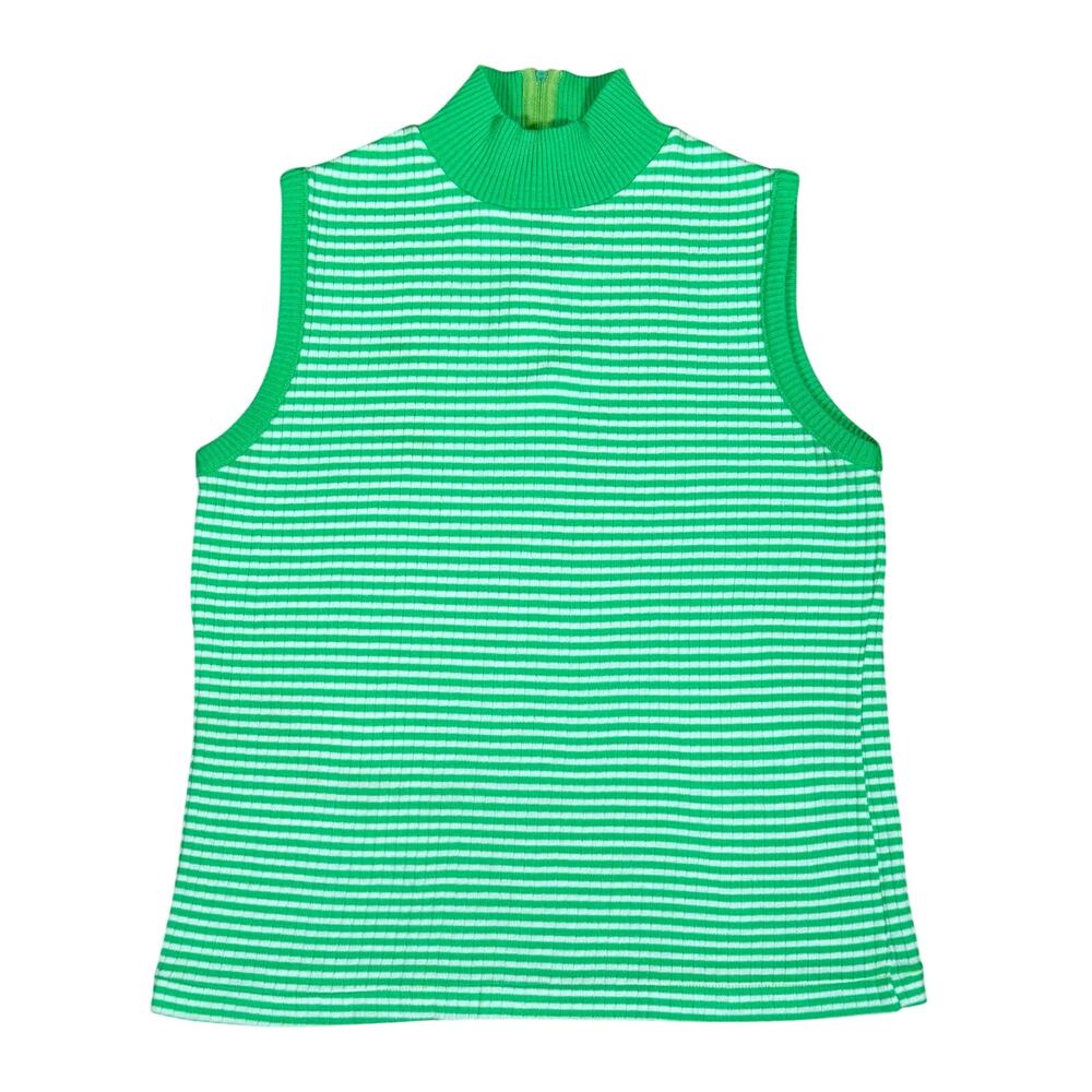 Vintage 60s Mod Mock Neck Striped Green and White Knit Tank Top Medium